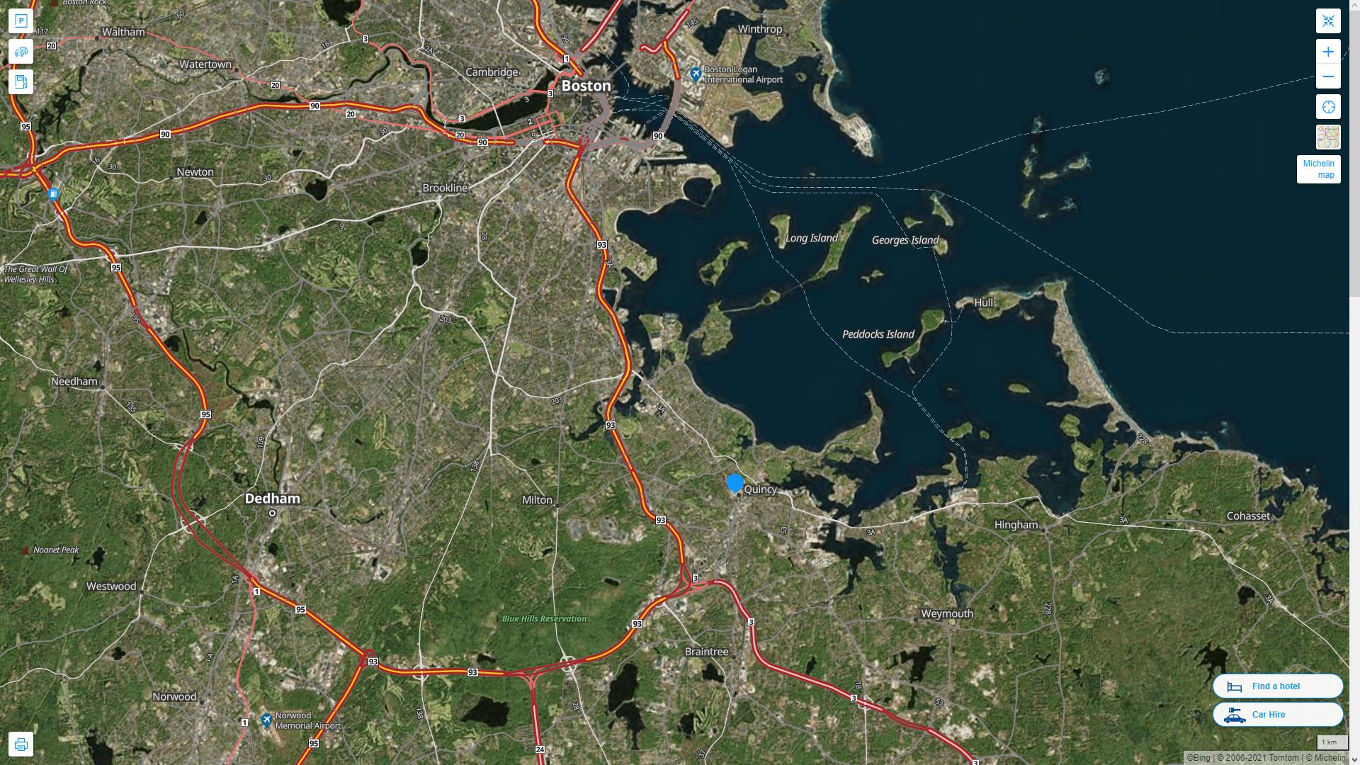 Quincy Massachusetts Highway and Road Map with Satellite View